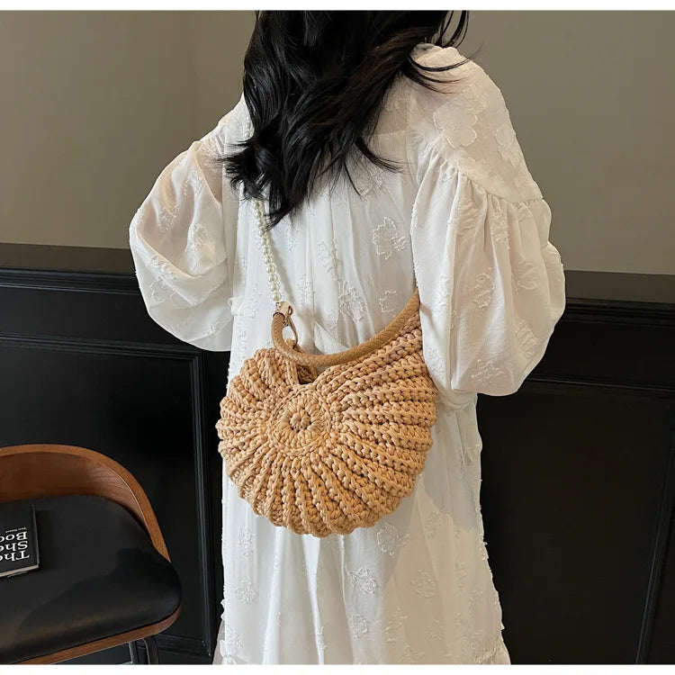 Criativo concha em forma de crochê feminino ombro sacos engraçado bonito pérolas correntes artesanal tecer crossbody saco novidade pequenas bolsas