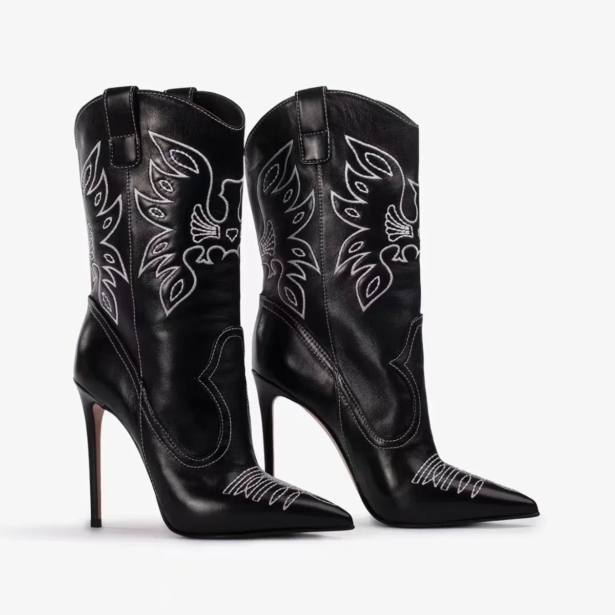 Moda feminina europeia e americana salto alto apontado ocidental denim bordado linha joelho manga alta botas de strass