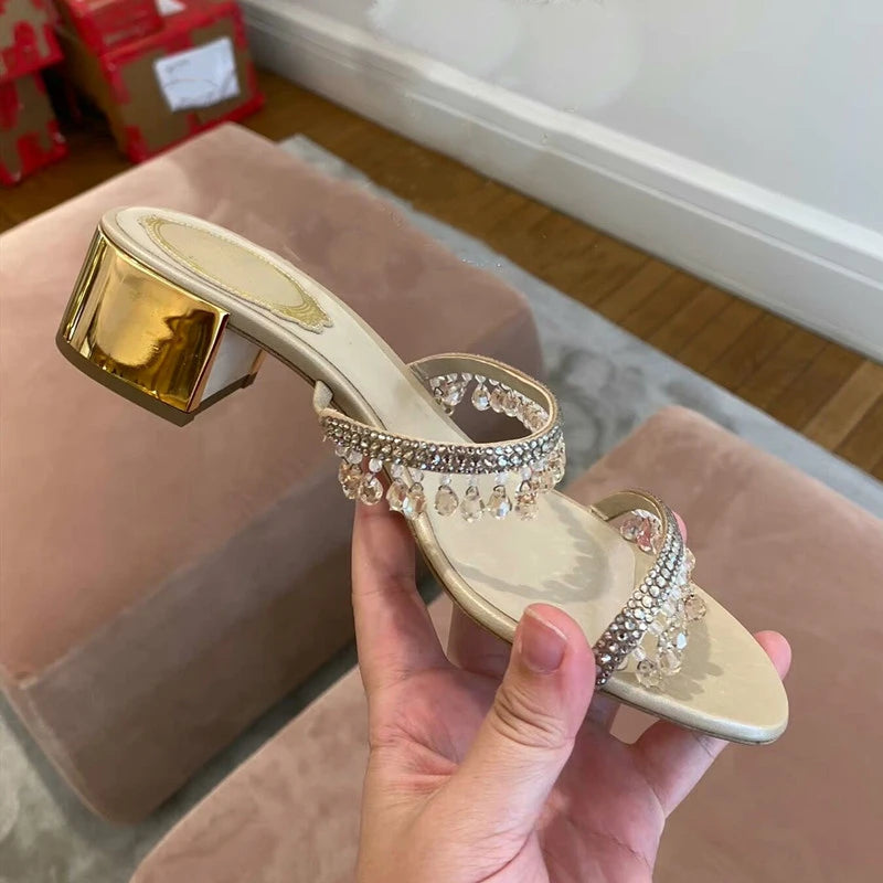 Sandálias de strass para mulheres, salto de bloco, cristal, Open Toe, salto médio, novo, verão, 2024