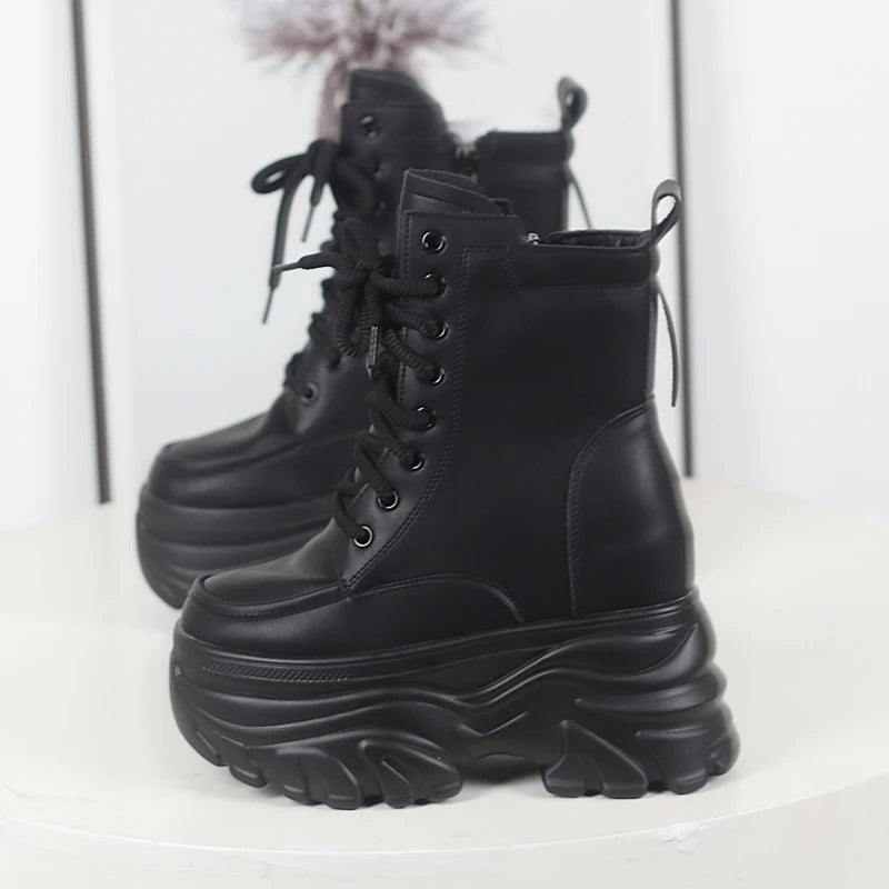 12cm outono plataforma botas de tornozelo feminino sapatos grossos rendas tênis mulher botas de couro sapatos de caminhada
