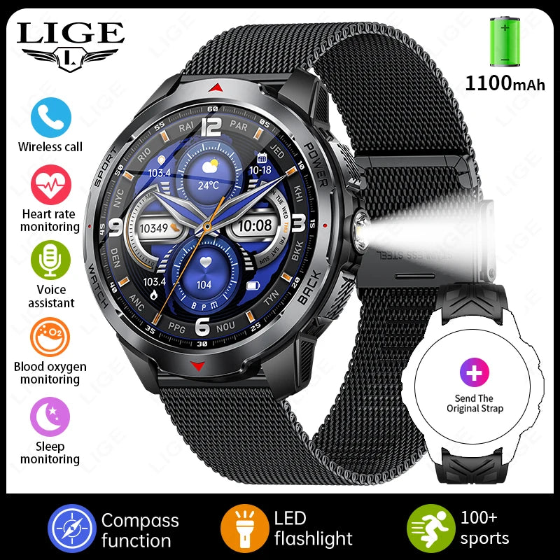 Relógios Inteligentes LIGE Novos com Bateria de 1100mAh para Homens, Esportes ao Ar Livre, Lanterna LED, Bússola, Relógio Inteligente Masculino com Chamada Bluetooth