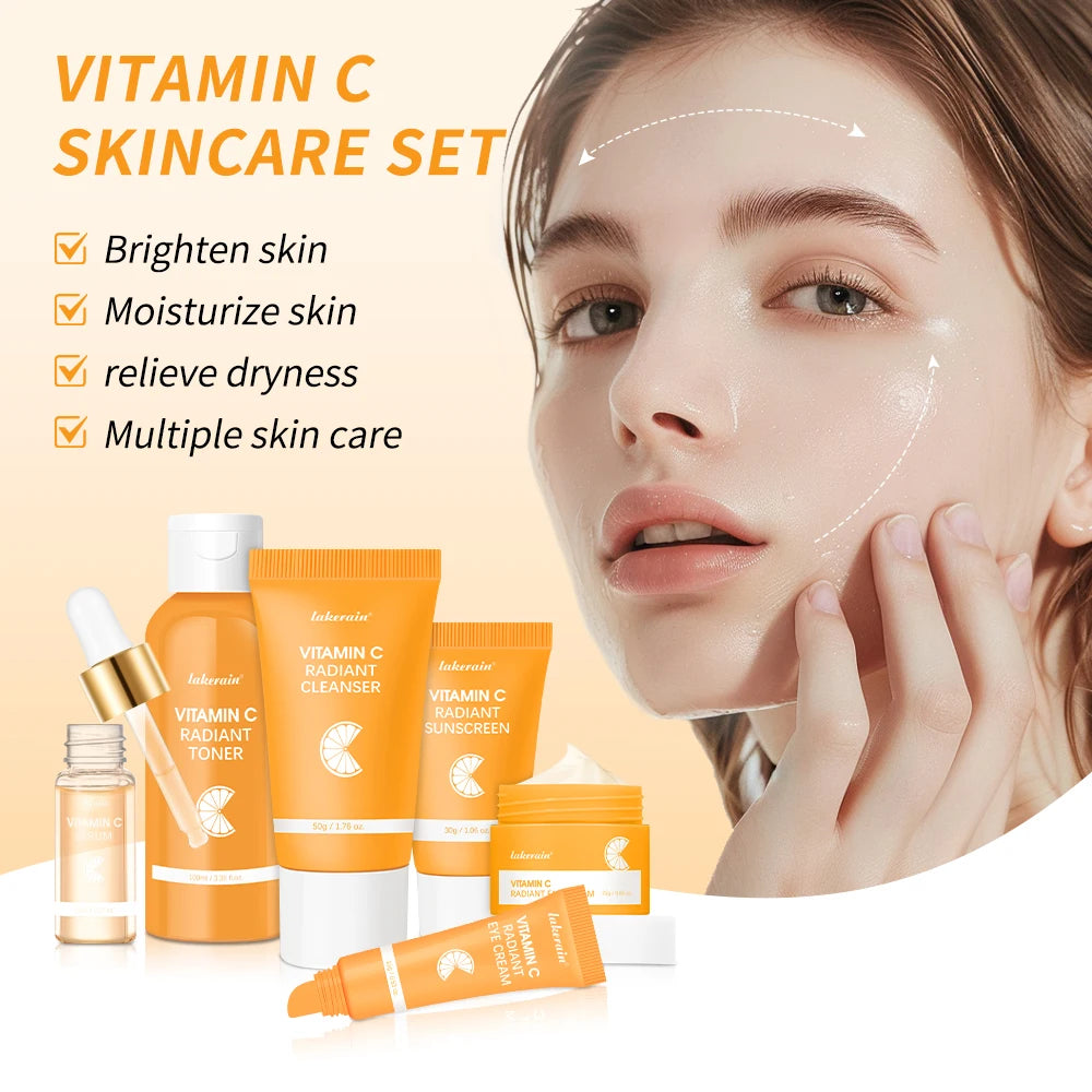 Lakerain vitamina c conjunto de cuidados com a pele 6 pçs kit creme de clareamento manchas escuras soro círculo escuro olho hidratante facial kits de clareamento