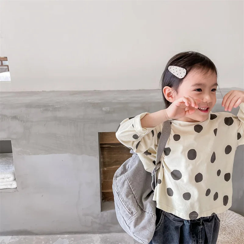 Camiseta outono temporada crianças roupas novo coreano meninos meninas manga comprida undershirt dot gola redonda algodão macio