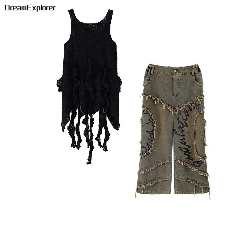 Conjunto de regata e jeans infantil Wasteland Street Dance de malha, moletons de hip hop, roupas de jazz, roupas punk, meninos e meninas