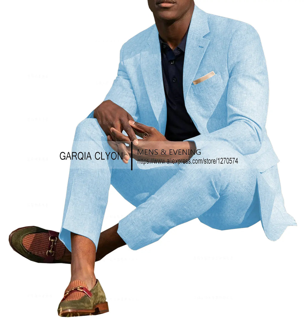 Ternos masculinos de linho, 2 peças, verão, casual, lapela de entalhe, ternos de casamento masculinos (blazer + calça)