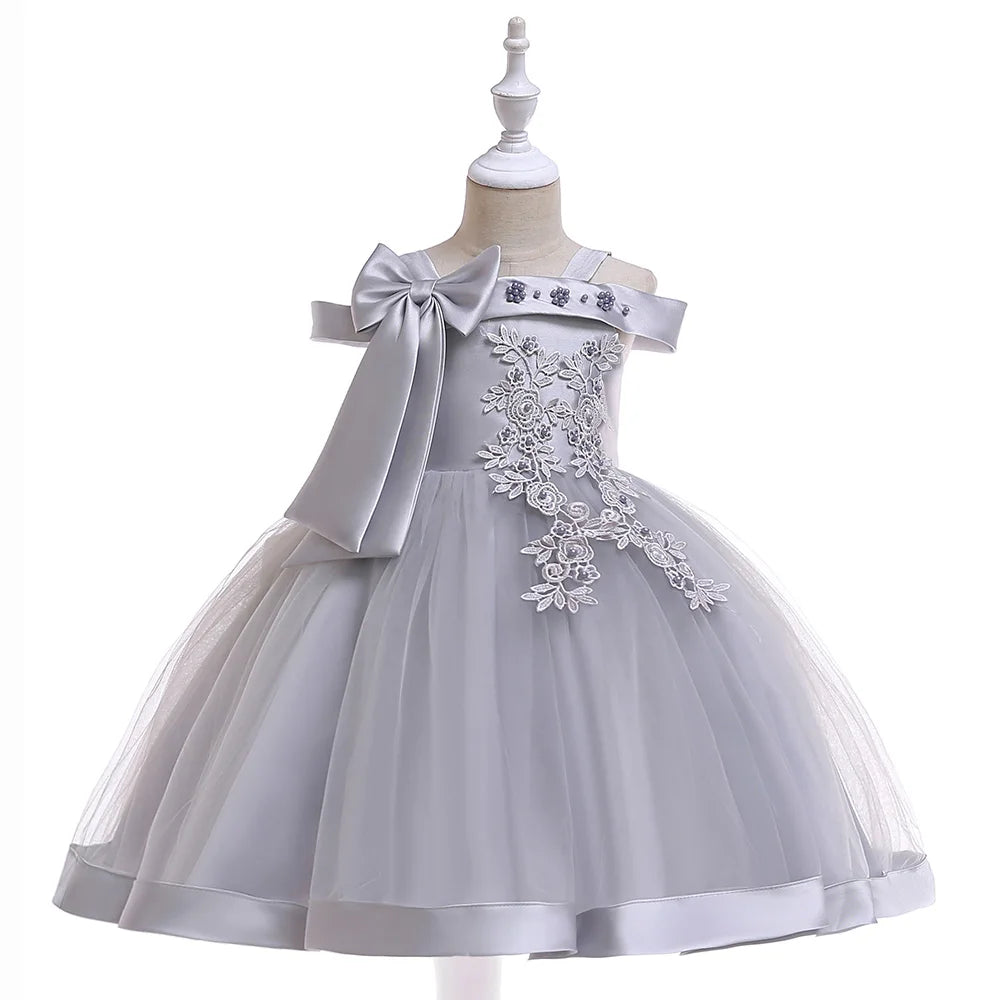 Apliques Femininos Flor Elegante Vestido de Noiva com Laço, Vestidos de Festa de Natal Infantil, 3 a 10 anos