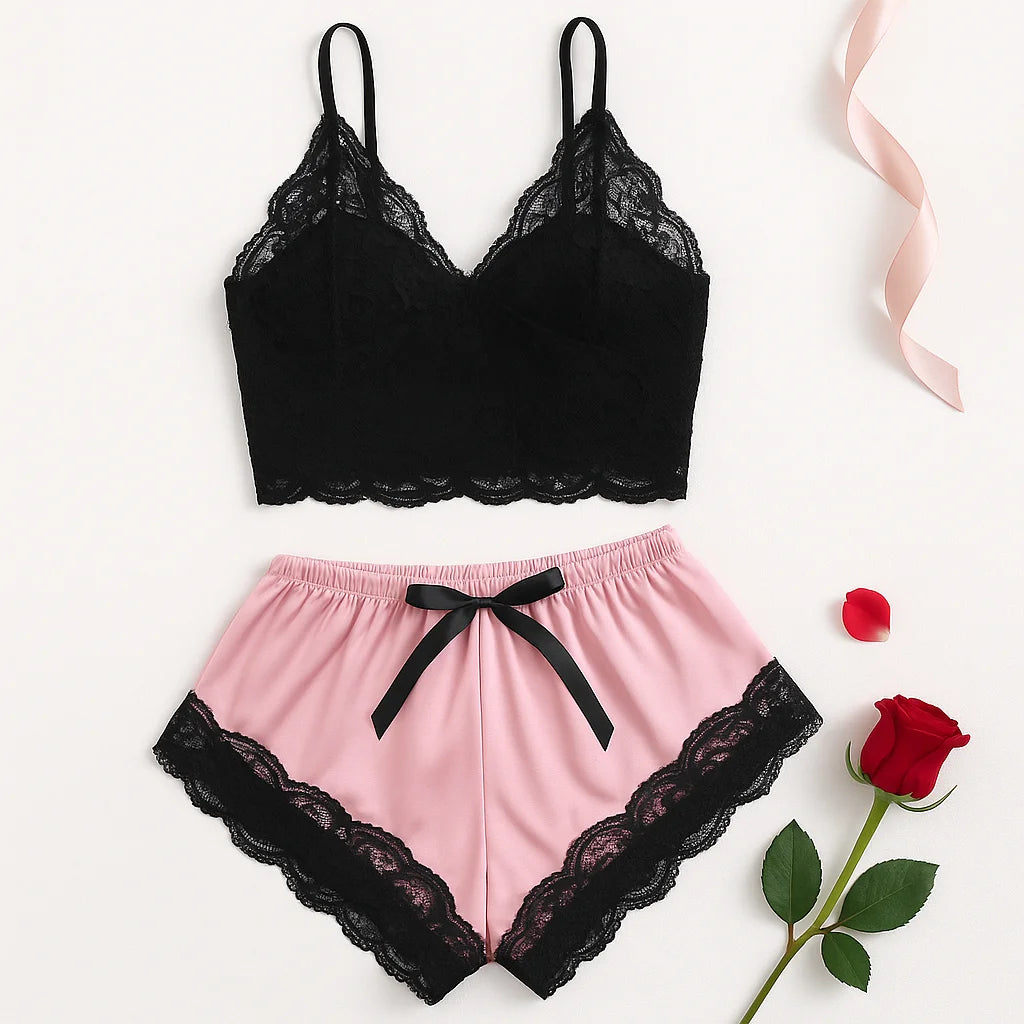 Conjunto de pijama de renda sexy feminino, 2 peças, bralette transparente, top e shorts, roupa de dormir respirável, plus size, lingerie de verão