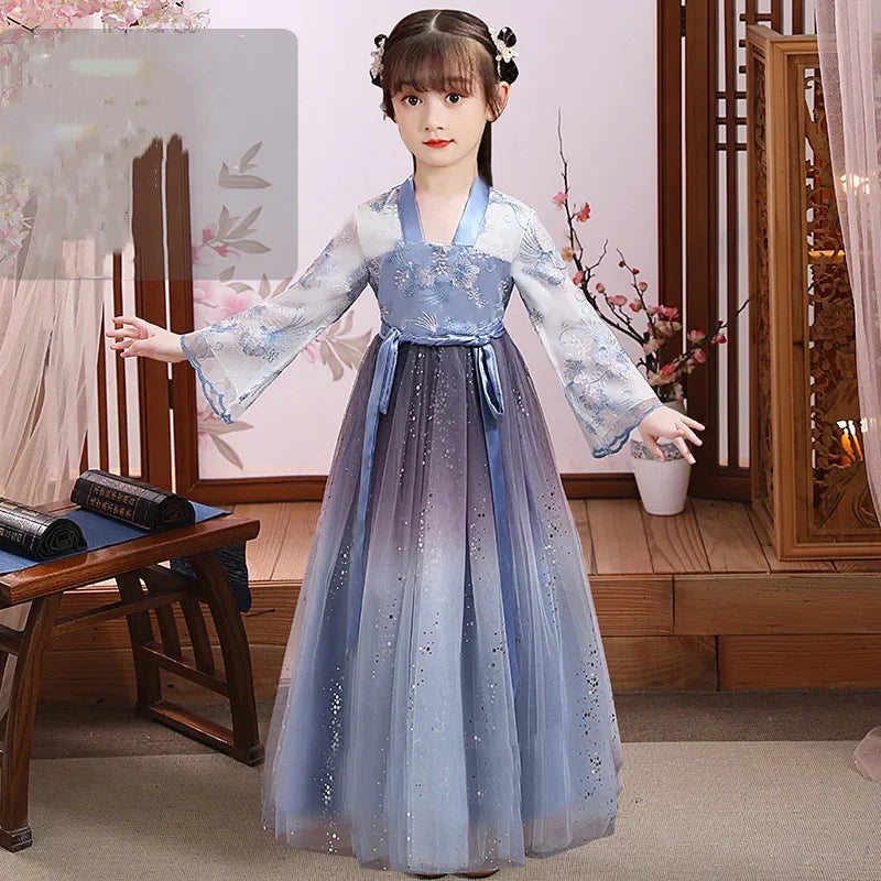 Traje de festa de verão vestidos da menina do vintage crianças roupas vestido casual bebê chinês hanfu cosplay crianças princesa meninas vestido