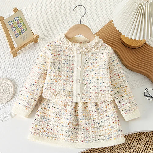 2025 novo outono 0-5yrs bebê meninas conjunto de roupas manga comprida malha cardigan casaco + saia curta crianças roupas de malha terno