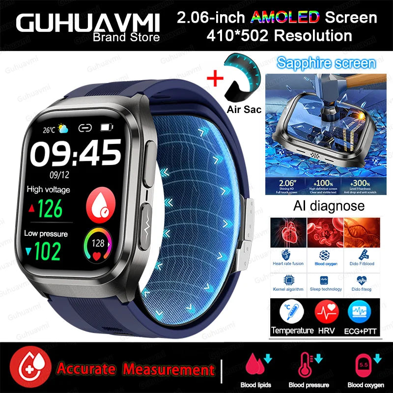 Novo Relógio de Saúde 2026: Medição Precisa de Pressão Arterial, Ácido Úrico e Lipídios no Sangue – Smartwatch Masculino e Feminino à Prova d'Água com Airbag