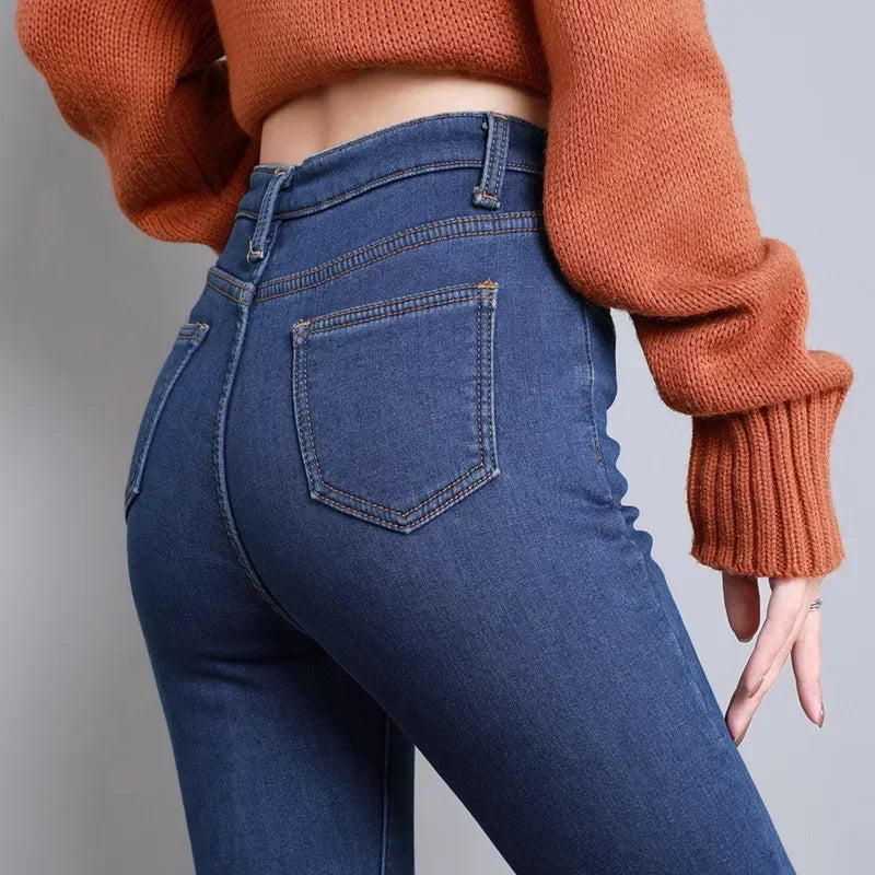Inverno senhora térmica quente jeans de pelúcia magro estiramento jeans senhora fino ajuste lápis calças meninas perna reta denim
