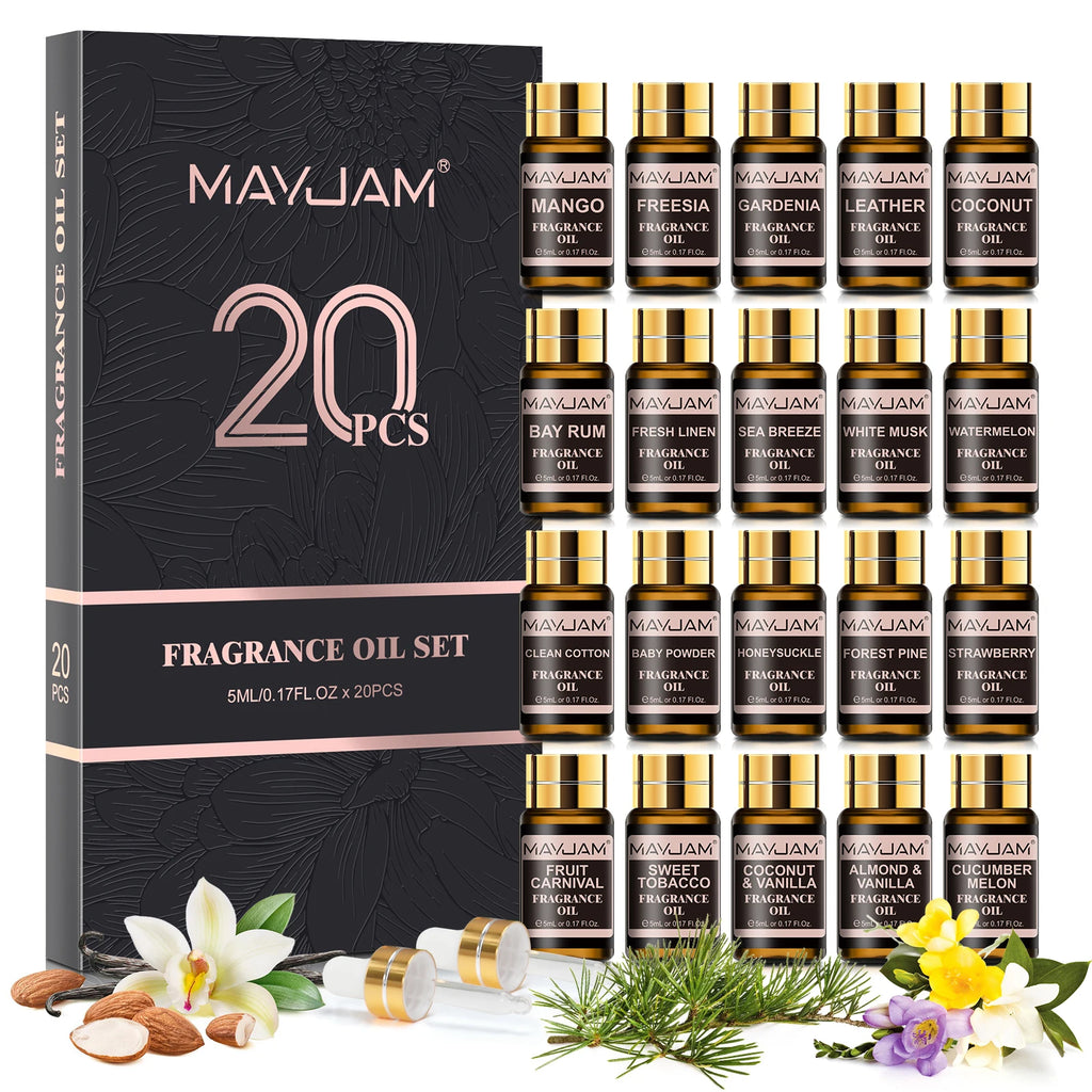 Mayjam kit de óleos de fragrância 20 pçs/set coco & baunilha almíscar branco melancia óleo de morango para umidificador difusor vela fazendo