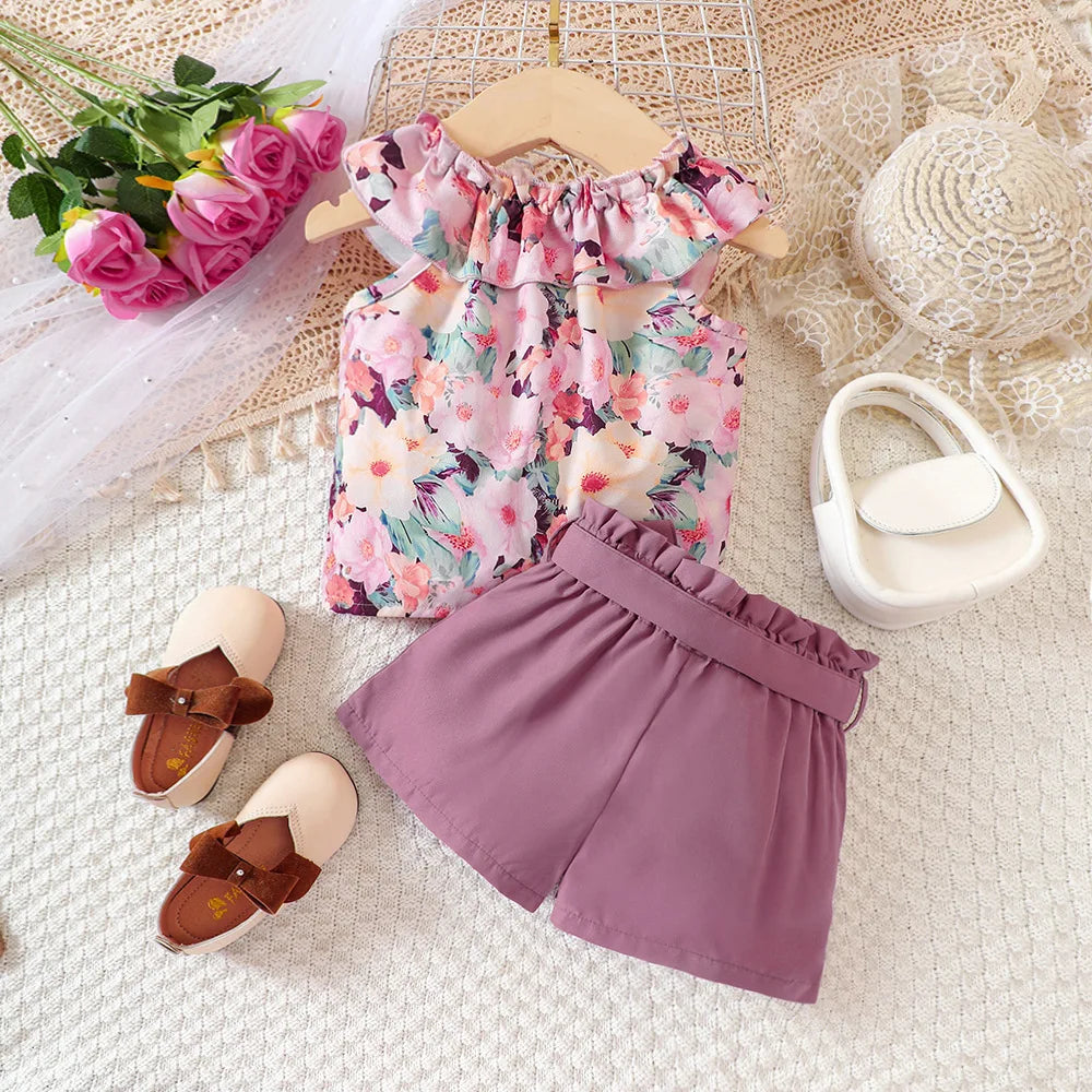 Conjuntos de Roupas Casuais de Verão para Meninas 2026 Novo Conjunto Infantil com Estampa Floral e Babados, Blusas e Calças Curtas, Moda para Crianças de 1 a 8 Anos