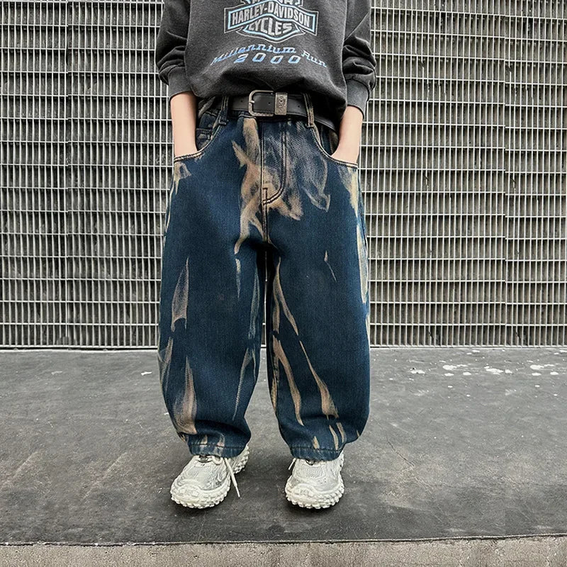 Crianças graffiti jeans meninos primavera e outono 2025 novas crianças adolescentes bonito meninos perna reta solta calças de perna larga