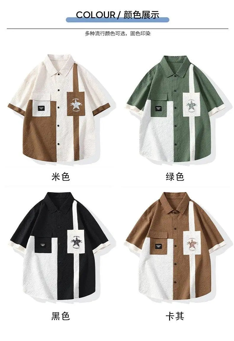 Conjunto Casual Masculino de Linho e Algodão, Camisa de Manga Curta com Colarinho e Calças Largas, Traje de Verão com Bordado Floral