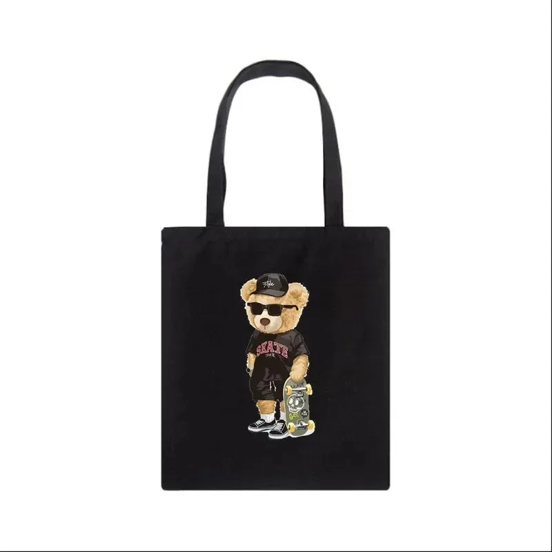 Moda urso impressão eco mulheres sacos de ombro bolsa feminina lona saco de compras casual grandes senhoras viagem totes sacos