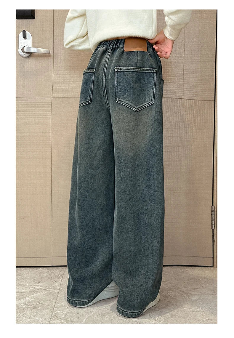 Crianças casuais solto em linha reta ajuste jeans para meninas perna larga legal calças jeans crianças adolescente primavera cintura elástica calças jeans