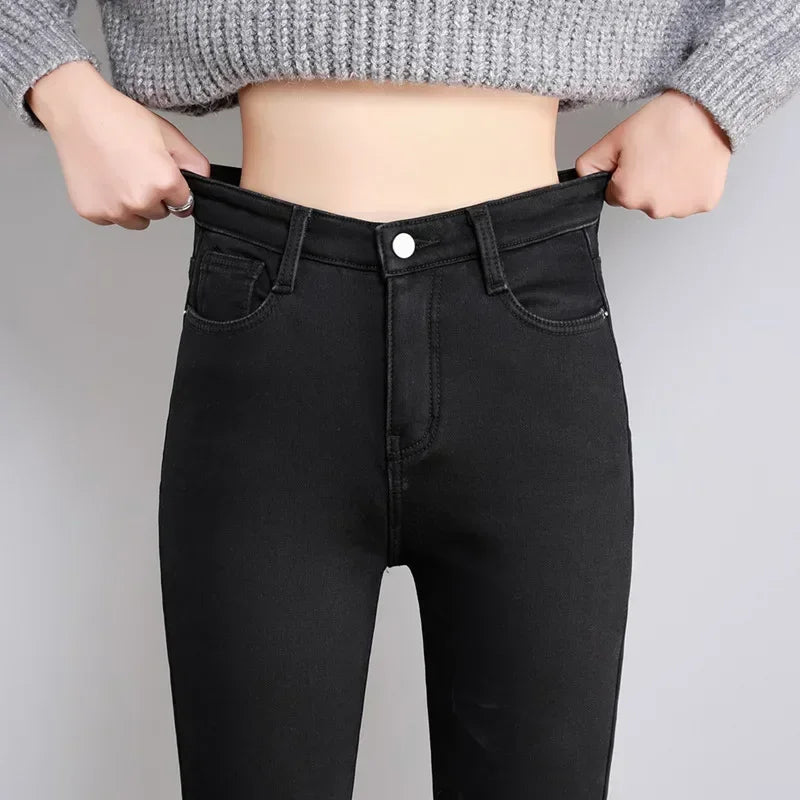 Inverno senhora térmica quente jeans de pelúcia magro estiramento jeans senhora fino ajuste lápis calças meninas perna reta denim