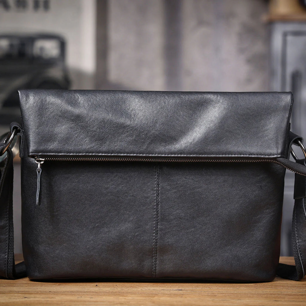 Bolsa de Ombro Masculina em Couro Genuíno, Bolsa Transversal para Laptop, Couro Bovino de Camada Superior, Couro Vegetal, Moda Casual