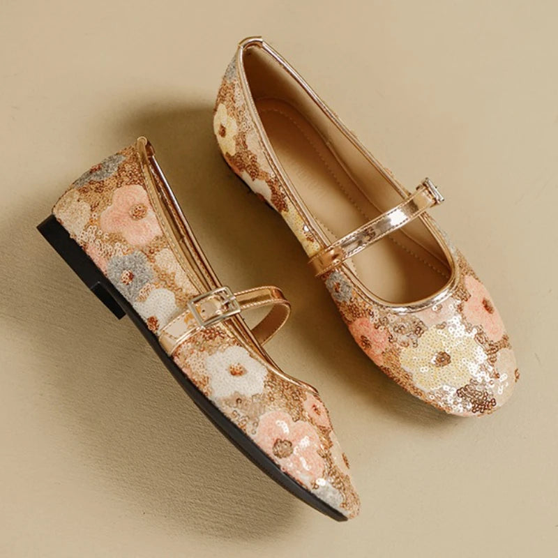 Luxo bling ballet flats feminino dedo do pé redondo colorido floral fivela design mary jane sapatos elegantes sapatos de festa conforto sandálias planas