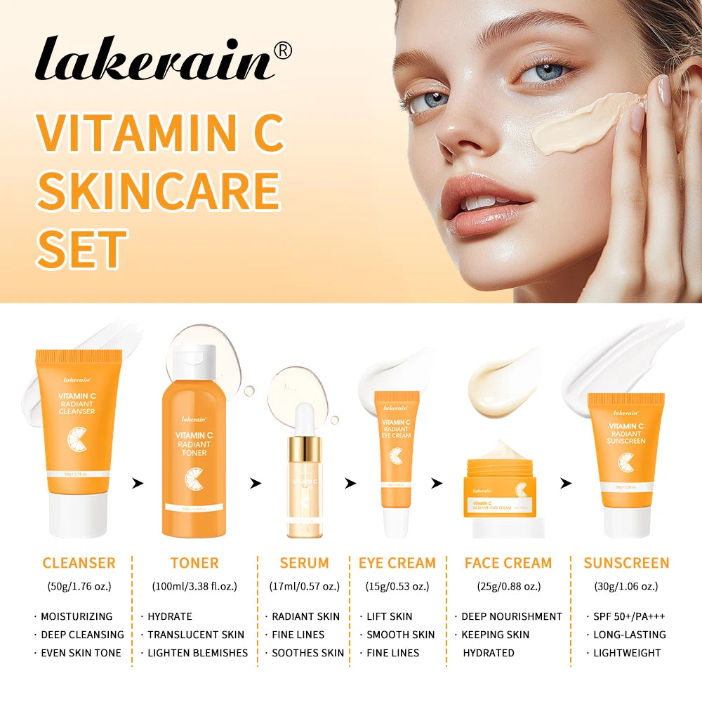 Lakerain vitamina c conjunto de cuidados com a pele 6 pçs kit creme de clareamento manchas escuras soro círculo escuro olho hidratante facial kits de clareamento