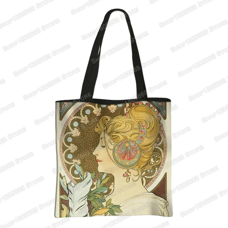 Alphonse Beauty Print Bolsa para Mulheres, Sacos De Compras De Armazenamento Reutilizável, Totes Casuais, Pintura A Óleo, Elegante Senhoras Tote