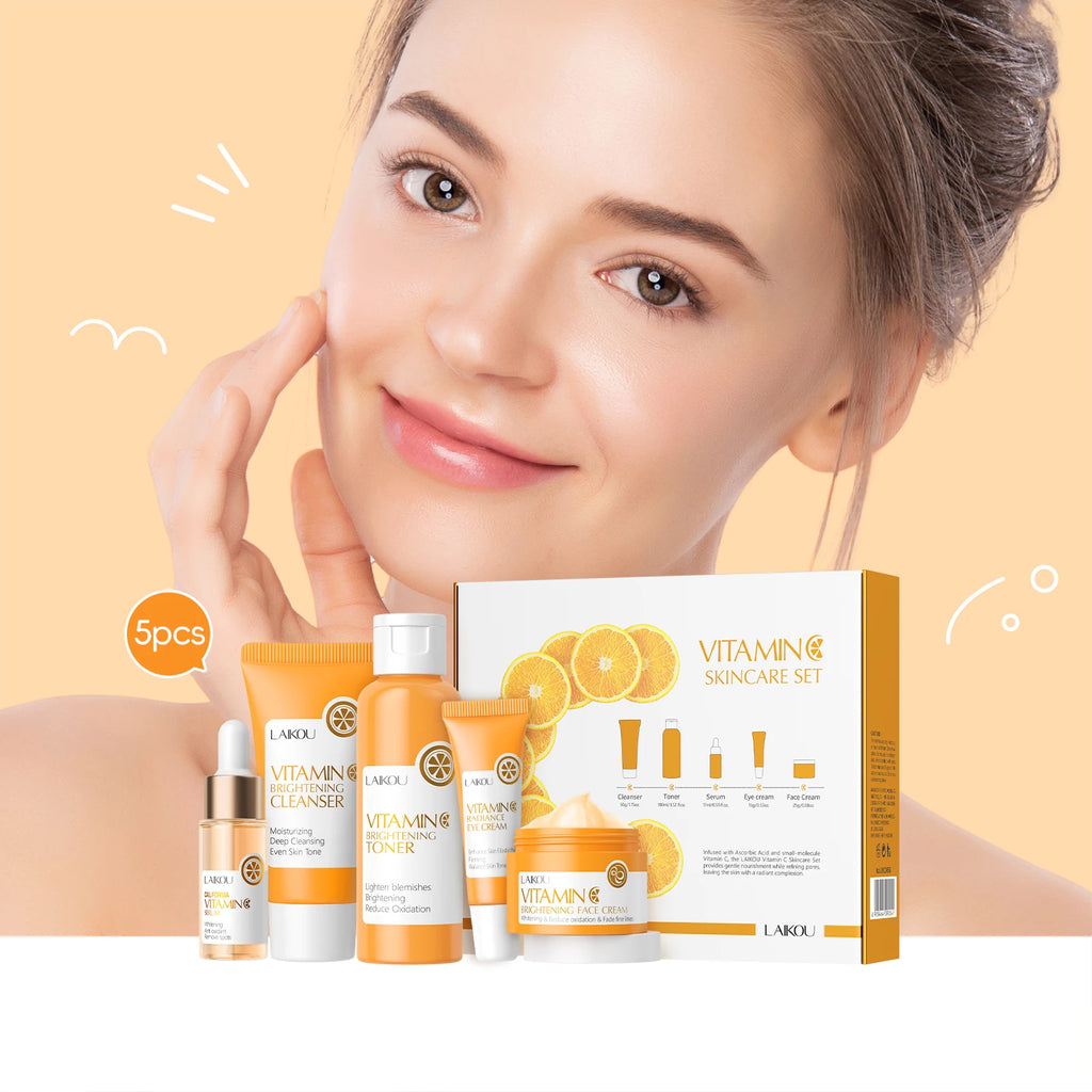 Laikou vitamin c conjunto de cuidados com a pele iluminando 5 pçs kit mesmo tom da pele suave rugas apertar poros limpador toner soro creme para os olhos
