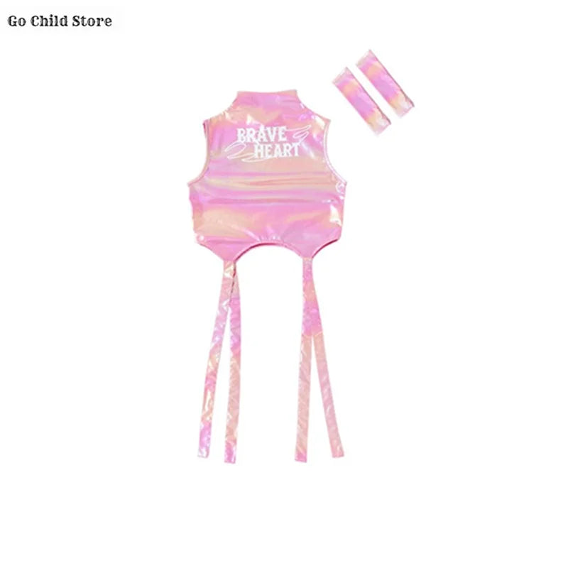 Meninas k-pop brilhante colheita superior calças de carga shorts de dança de rua crianças hip hop jazz conjuntos de roupas crianças streetwear menina grupo traje
