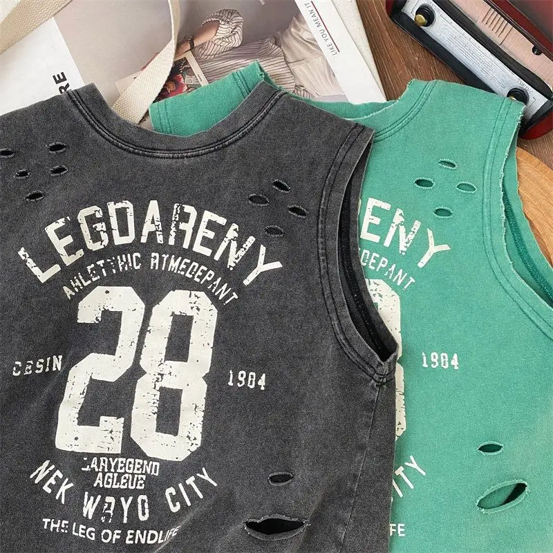 Verão bonito meninos novo preto puro algodão sem mangas perfurado camiseta estilo solto bebê crianças regata