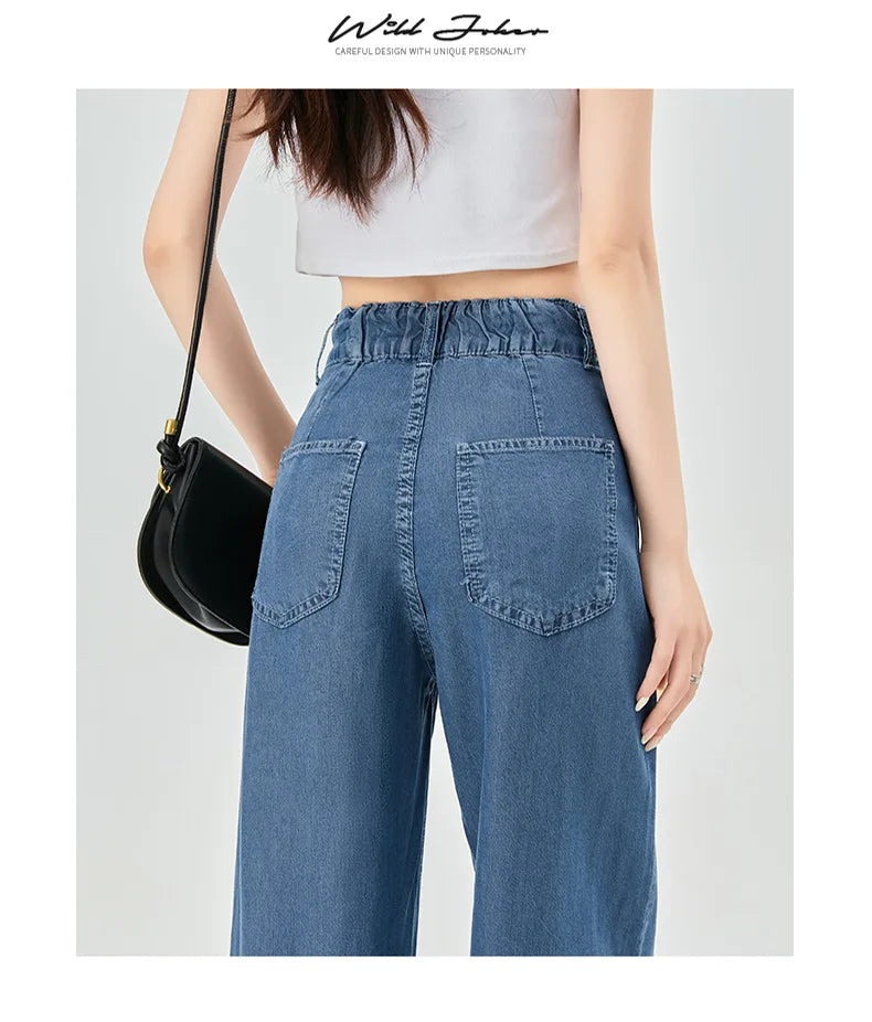 Jeans de cintura alta de seda gelo feminino, verão, azul, solto, perna larga, elegante, simples, lazer, todos os fósforos, diário, na moda, chique, moda coreana