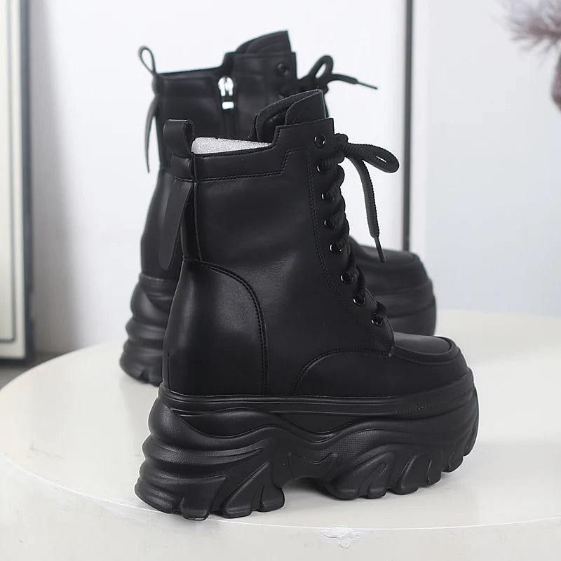 12cm outono plataforma botas de tornozelo feminino sapatos grossos rendas tênis mulher botas de couro sapatos de caminhada