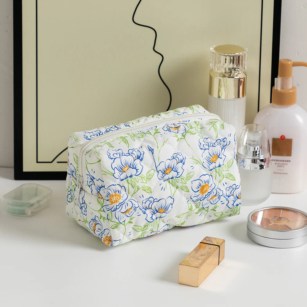Sacos de maquiagem florais acolchoados com zíper bonito impressão flor organizador de armazenamento acessório de maquiagem saco de higiene pessoal grande saco de cosméticos feminino