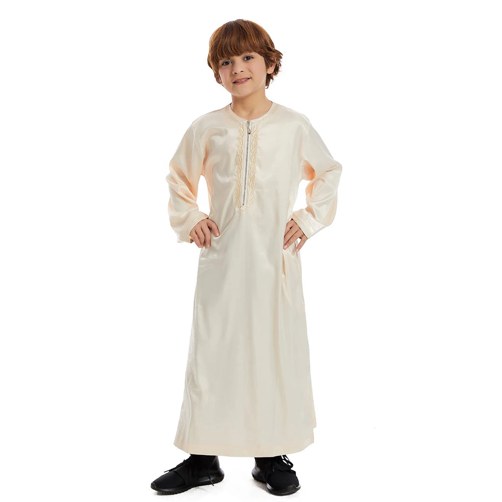 Crianças muçulmanas Abaya Ramadan Jubba Prayer Thobe, vestido longo islâmico para crianças, vestido com o pescoço para meninos, Kaftan Dubai e árabe