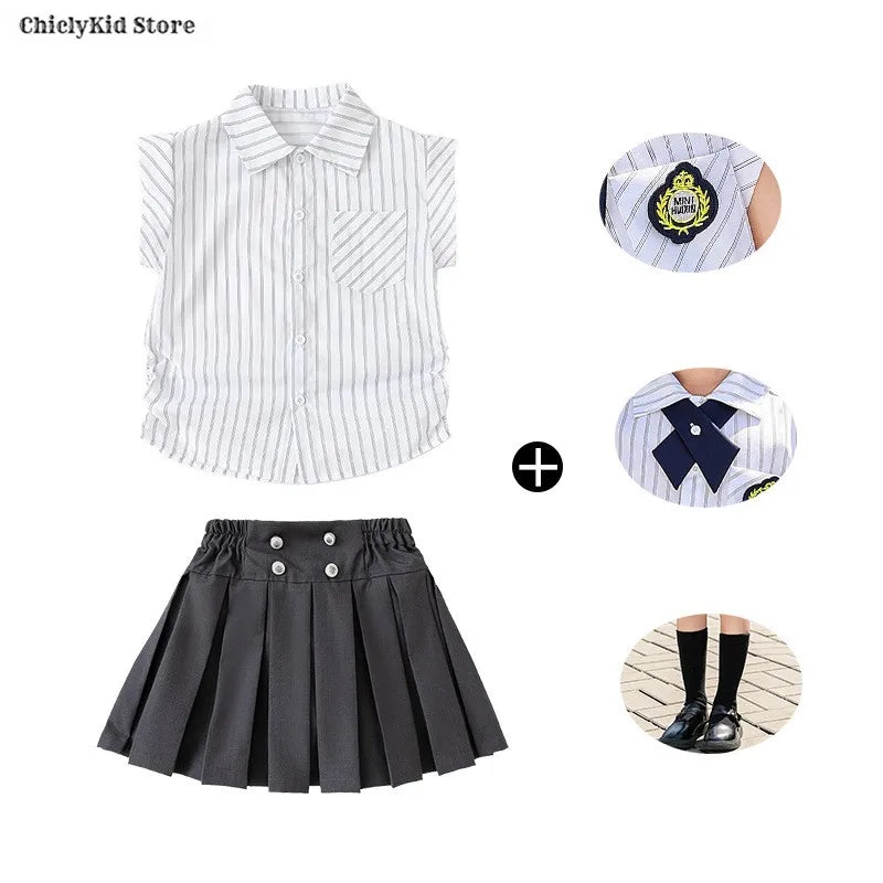 Meninas coreano japonês preppy listrado blusa saias meninos camisas shorts crianças conjuntos de roupas verão estudantes uniformes escolares