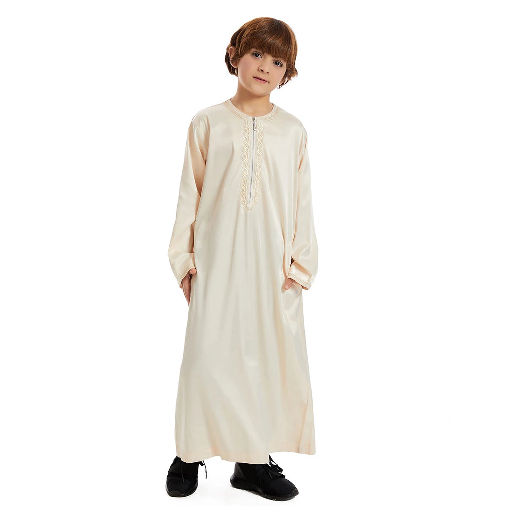 Crianças muçulmanas Abaya Ramadan Jubba Prayer Thobe, vestido longo islâmico para crianças, vestido com o pescoço para meninos, Kaftan Dubai e árabe