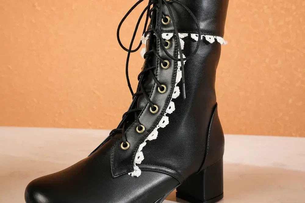 Moda feminina lolita meados de bezerro botas outono inverno elegante senhora cosplay sapatos de festa plataformas couro plus size botas dropship