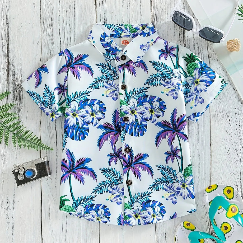 Top respirável casual floral e foliar infantil, blusa de meninos, perfeita para praia, férias, elegante, verão