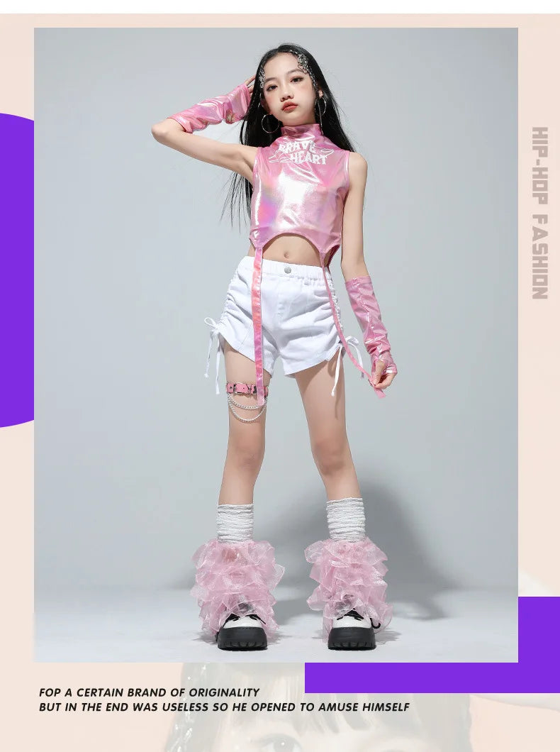 Meninas k-pop brilhante colheita superior calças de carga shorts de dança de rua crianças hip hop jazz conjuntos de roupas crianças streetwear menina grupo traje