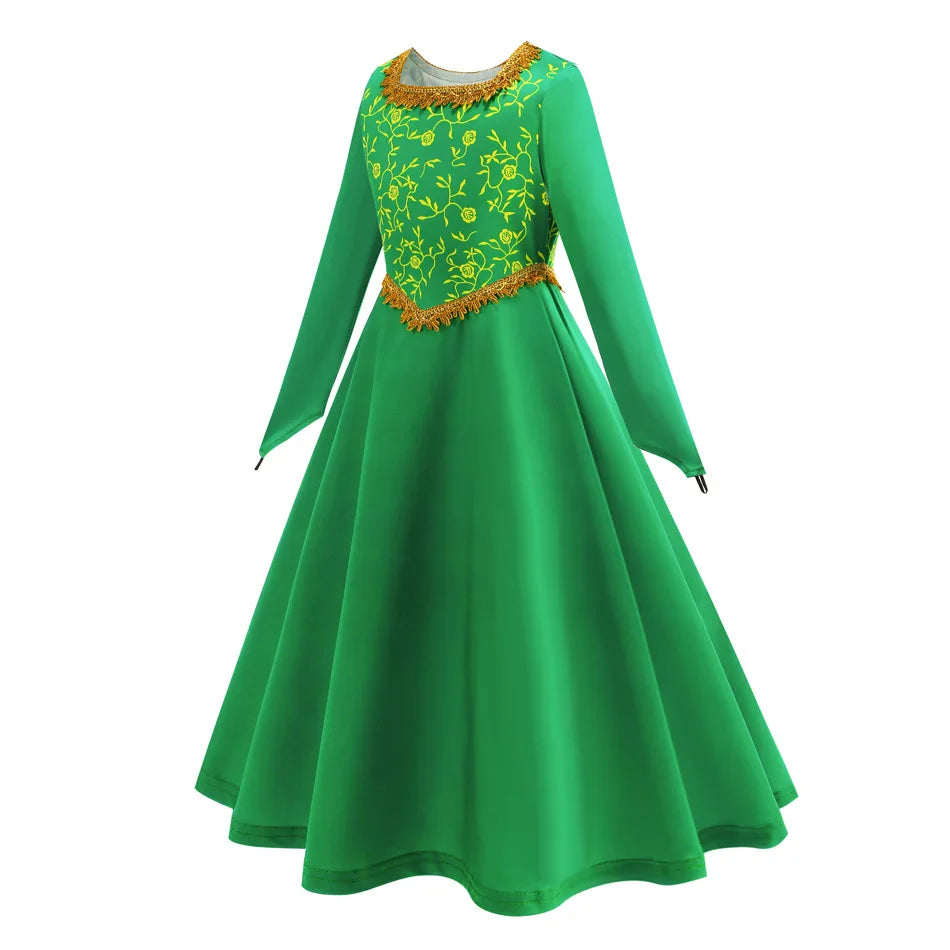 Fantasia fiona cosplay meninas vestido verde roupas dos desenhos animados monstro traje disfarce crianças role play roupas de halloween crianças