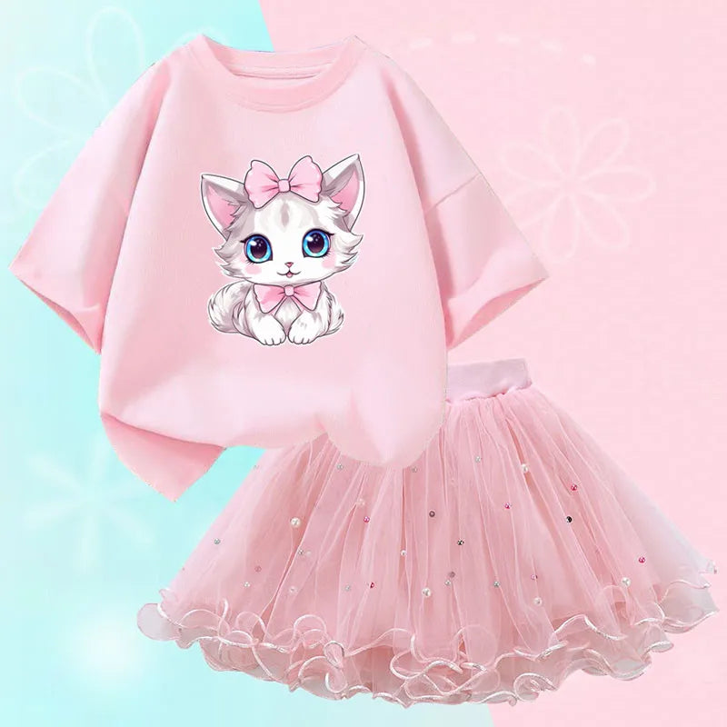 Roupas de verão para meninas, camiseta fofa de gato e saia tutu de malha, conjunto de duas peças, roupas coreanas para crianças de 3 a 14 anos