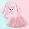 Roupas de verão para meninas, camiseta fofa de gato e saia tutu de malha, conjunto de duas peças, roupas coreanas para crianças de 3 a 14 anos
