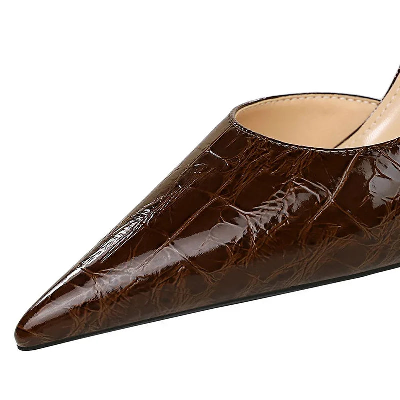 Estilo ocidental festa sapatos femininos 8cm salto alto fino raso apontou toe lado oco serpentina retro senhoras elegantes bombas marrom