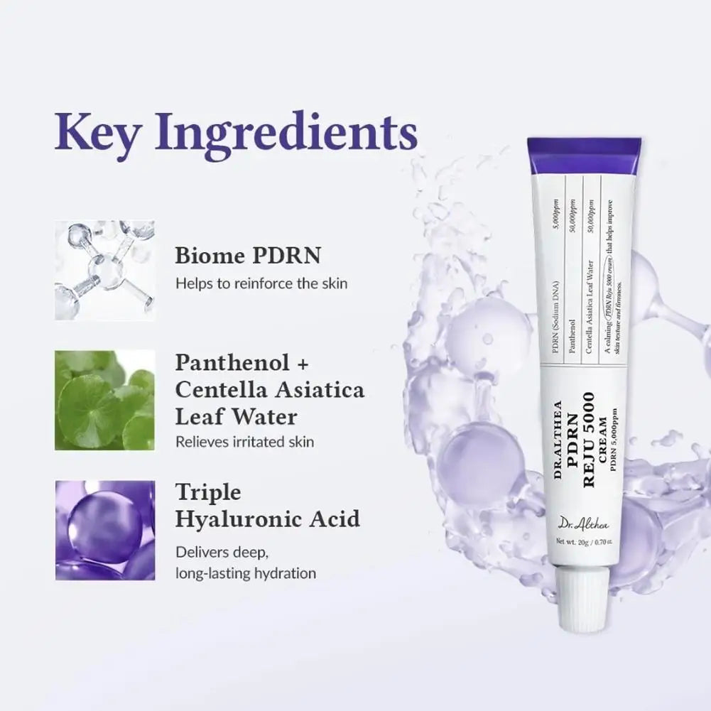 Creme Facial Calmante PDRN REJU 5000 com Pantenol e Centella Asiatica para Redução de Rugas, Cuidado Facial, Skincare Coreano