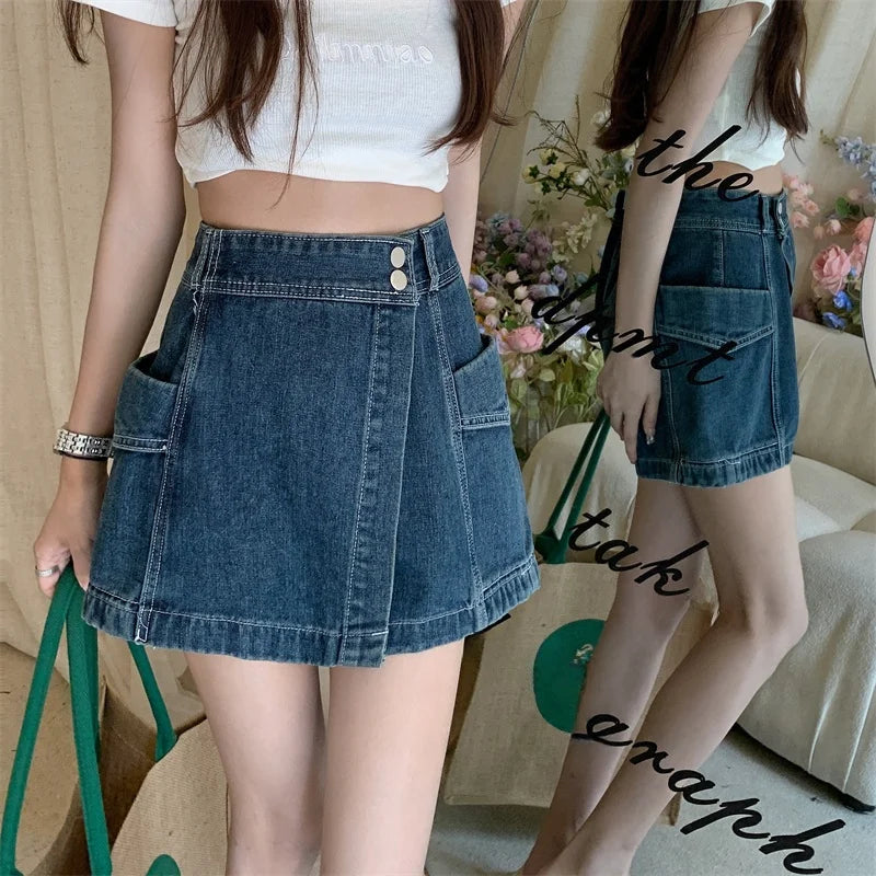 Saia Jeans  Assimétrica de Cintura Alta com Efeito Modelador, Tamanhos andes Fs, Moda Verão 2023