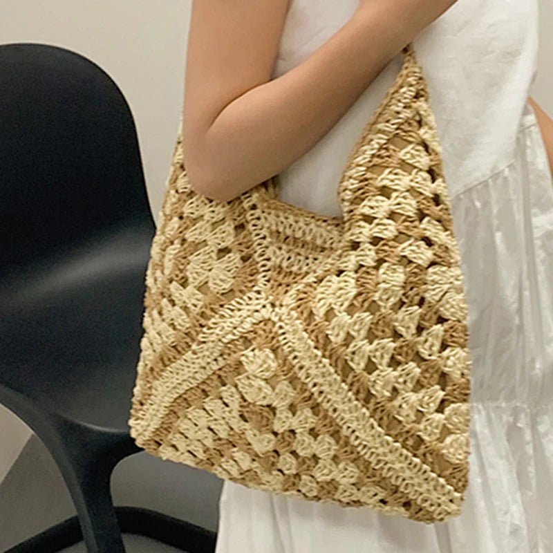 Bolsa de ombro de palha tecida feminina popular bolsa de tamanho médio com alça para férias na praia