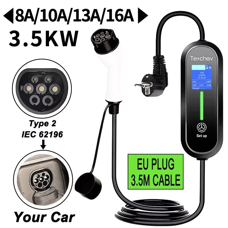 220v portátil ev carregador type2 iec 62196 carregador de carro elétrico 3.5kw 16a 1 fase evse carregamento rápido wallbox ev estação de carregamento