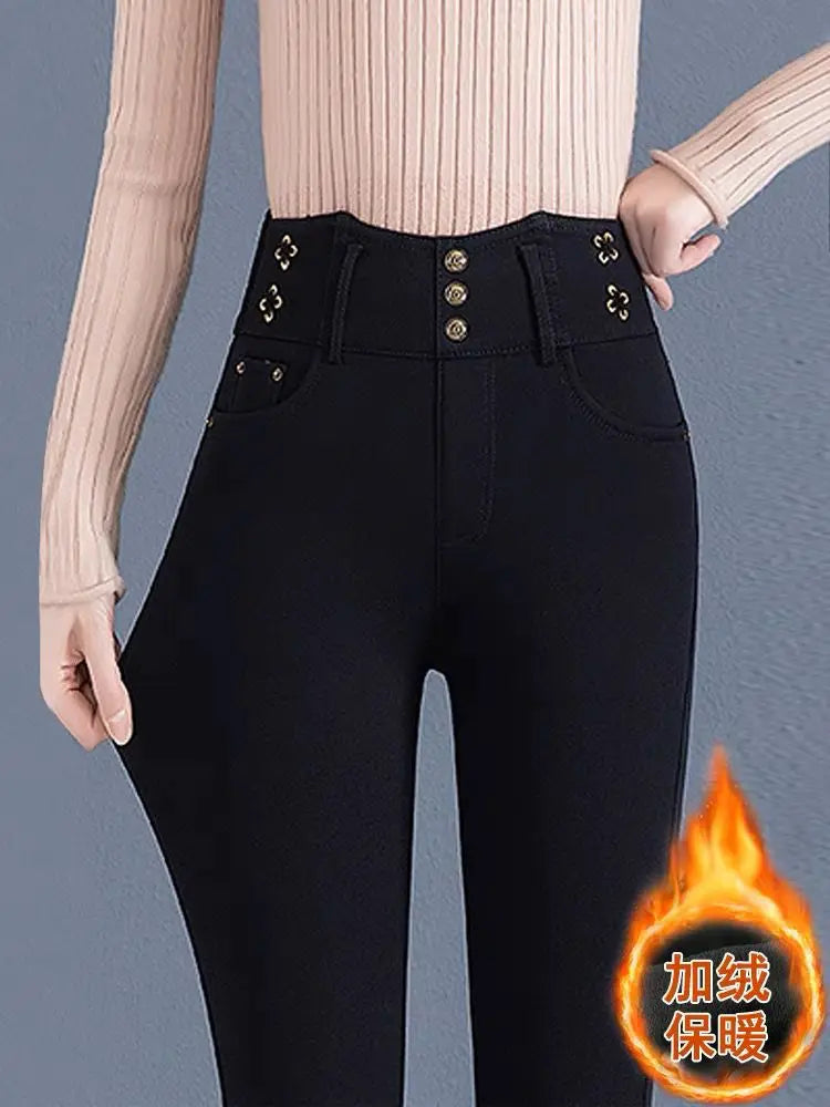 Jeans coreano elástico de cintura alta com pelúcia ártica, zíper de botão monocromático, calça lápis reta preta, moda fina, outono e inverno, nova