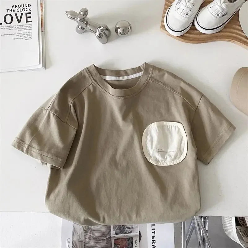 Camisetas Infantis de Manga Curta de Algodão para Meninos, Estampadas Casuais, Soltas e Versáteis, Coleção Verão 2026 - Roupas Infantis