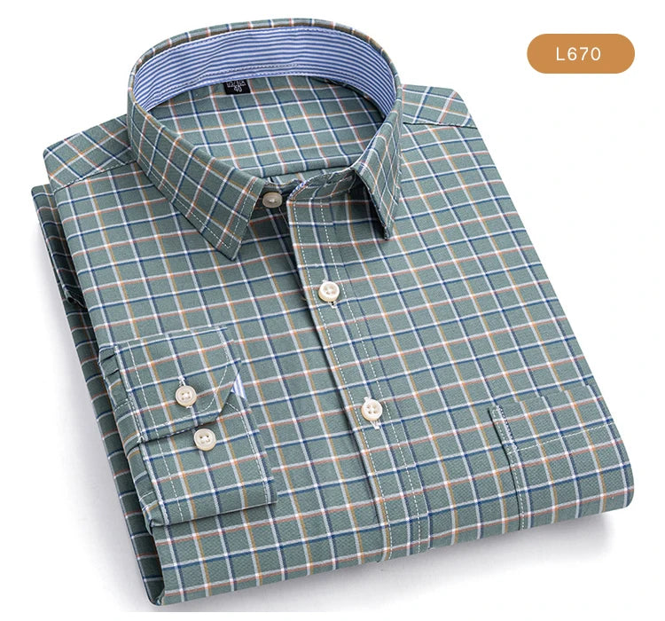 Camisas de vestido de algodão com design de gola de lapela listrada xadrez na moda masculina, camisa casual de manga comprida com botões para primavera/outono