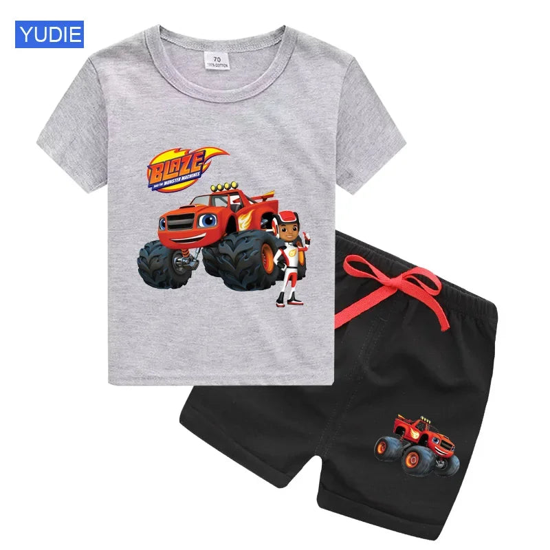 Conjunto de t-shirts e shorts para bebês e meninas, roupas de desenhos animados, velocidade incrível, carros, máquinas monstro, crianças, terno 2pcs, verão